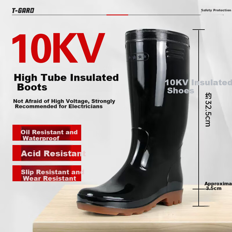 SHENGLI 10kV Insulated Boots, High-Top Rain Boots, Safety Shoes with Insulated Cowhide Soles, Oil-Resistant Black Work Boots, Size 37
