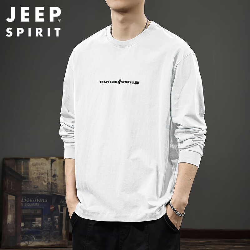 JEEP SPIRIT Men's Long-Sleeve T-Shirt, Spring Heavyweight Inner Layer, Thin Top, Sweatshirt, Loose Undershirt, White, Size L