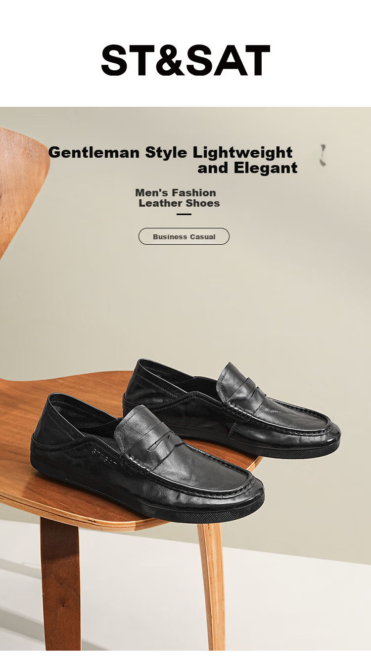 St&Sat Men's Shoes, Top-Grain Leather, Formal Business Dress Shoes, Lightweight Slip-On Casual Leather Shoes for Men, Black, Size 40 2