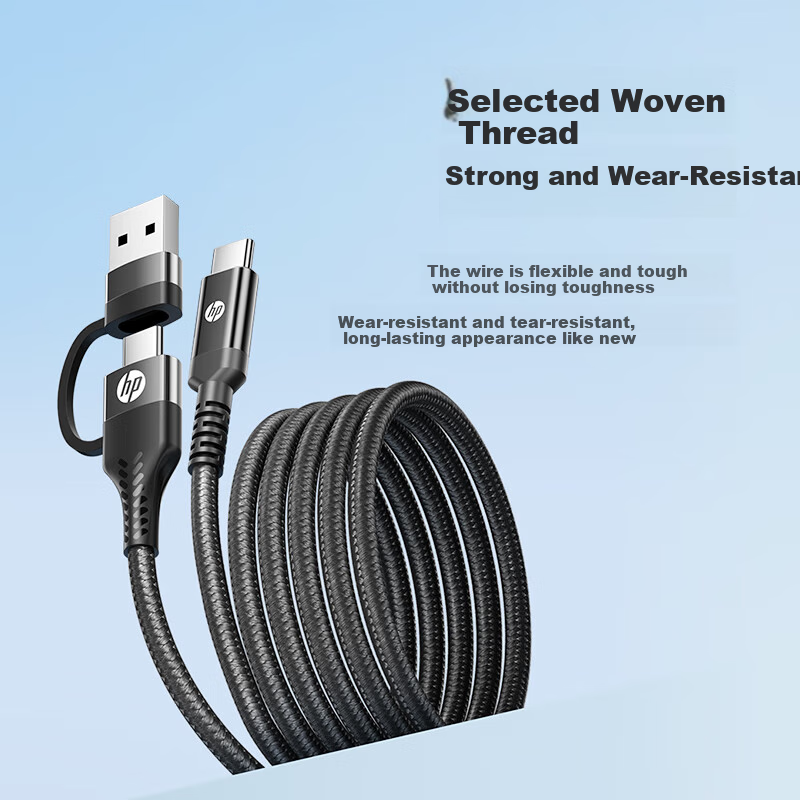 HP PD60W USB+Type-C Dual-Port Fast Charging Cable, Type-C Braided Data Cable for Tablets And Phones, 1 Meter