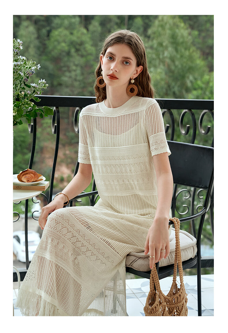Olrain Hollow Out Dress Women Summer Vacation Style Spaghetti Strap Two-Piece Knitted Long Dress Coconut Milk White S 21
