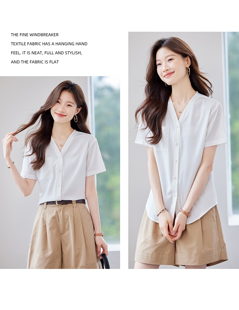 Jeanswest Women's Summer Casual Short Sleeve V-Neck Pocket Versatile Fashion Formal Shirt White L 7