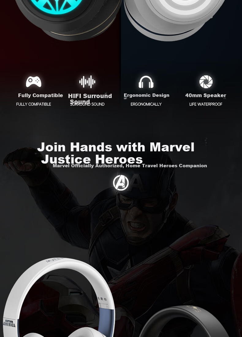 DISNEY Marvel Official Authorized Wireless Bluetooth Headphones, Over-Ear Gaming Music Sports Earphones MR02 Upgraded Version, Captain America Edition, Compatible with Apple, Xiaomi, Huawei 2