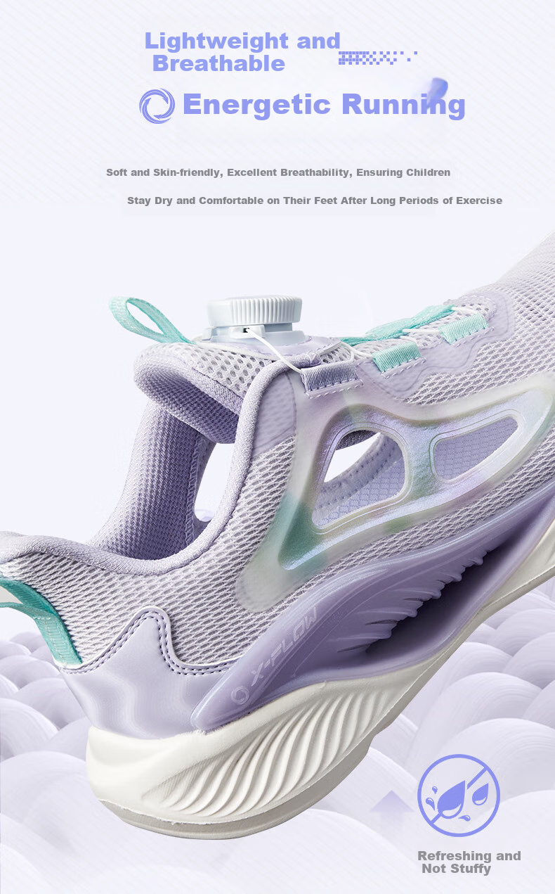 XTEP Children's Shoes [Hydrogen Wind 8.0 Foot Protection] Breathable Cage Rotating Buckle Running Shoes, Light Purple/snow Purple, Size 36 8