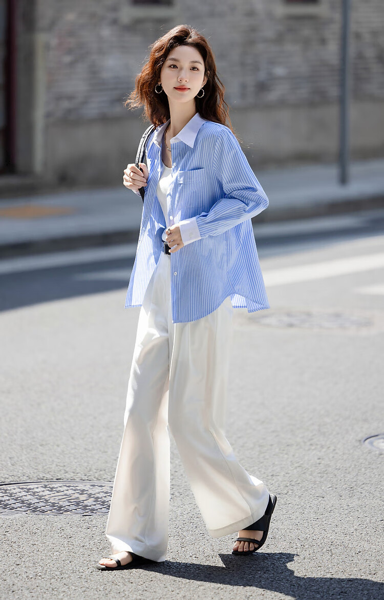 Demana [Salt Style Intellectual] Spring Autumn Smart Striped Color-Block Lapel Long Sleeve Shirt Slimming Women's Top 14