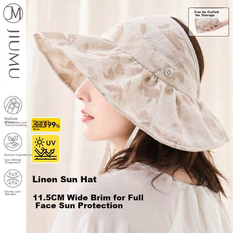 JIUMU Linen Sun Protection Hat for Women, Sun Visor, Sunhat, Open Top Hat, Cool Cap, Summer Outdoor Face-Covering UV Protection Hat for Wome