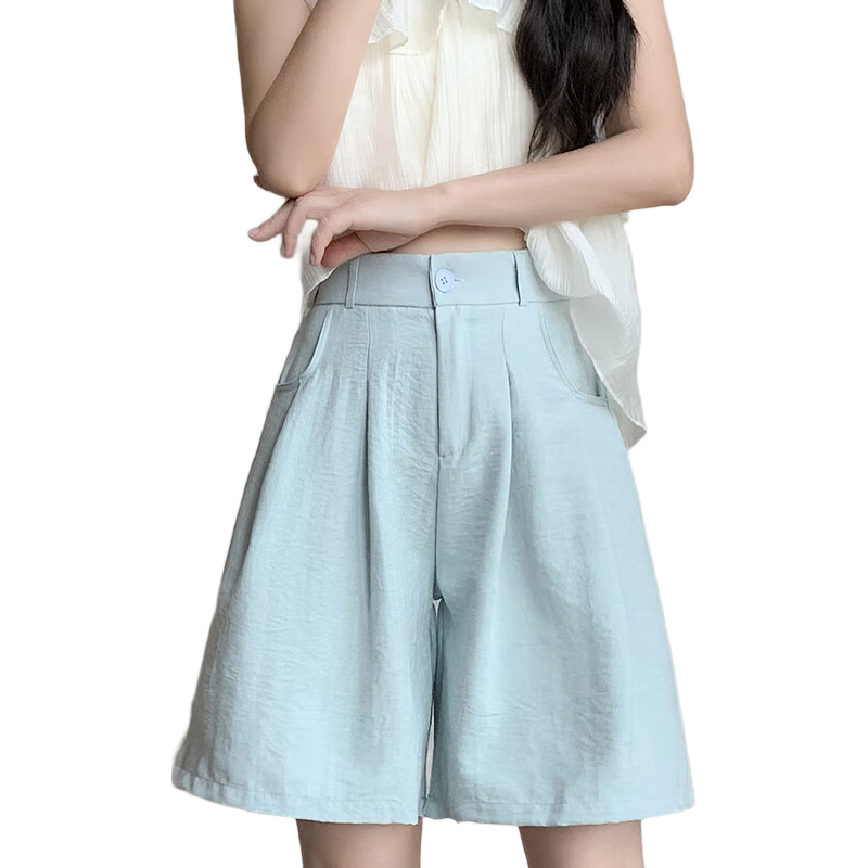 XUEXIMAN Puff Suit Shorts for Women, New Summer 2026 Style, Casual High-Waisted Draping Straight-Leg Slimming Wide-Leg Knee-Length Shorts