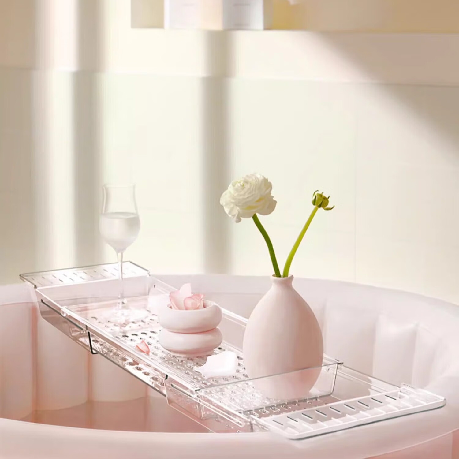 LALAPERCARE Bathroom Round Bathtub, Soaking Tub, Bathing Tub, Shower Tub with Storage Rack, Extendable 56.5-80cm Acrylic