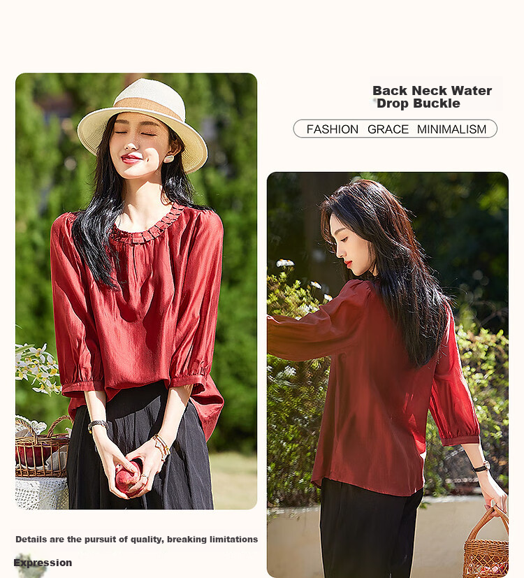 Dme [Lyocell Selection] Summer Pleated Round Neck Water Drop Button Blouse, Puff Three-Quarter Sleeve Shirt, Women's Top 5