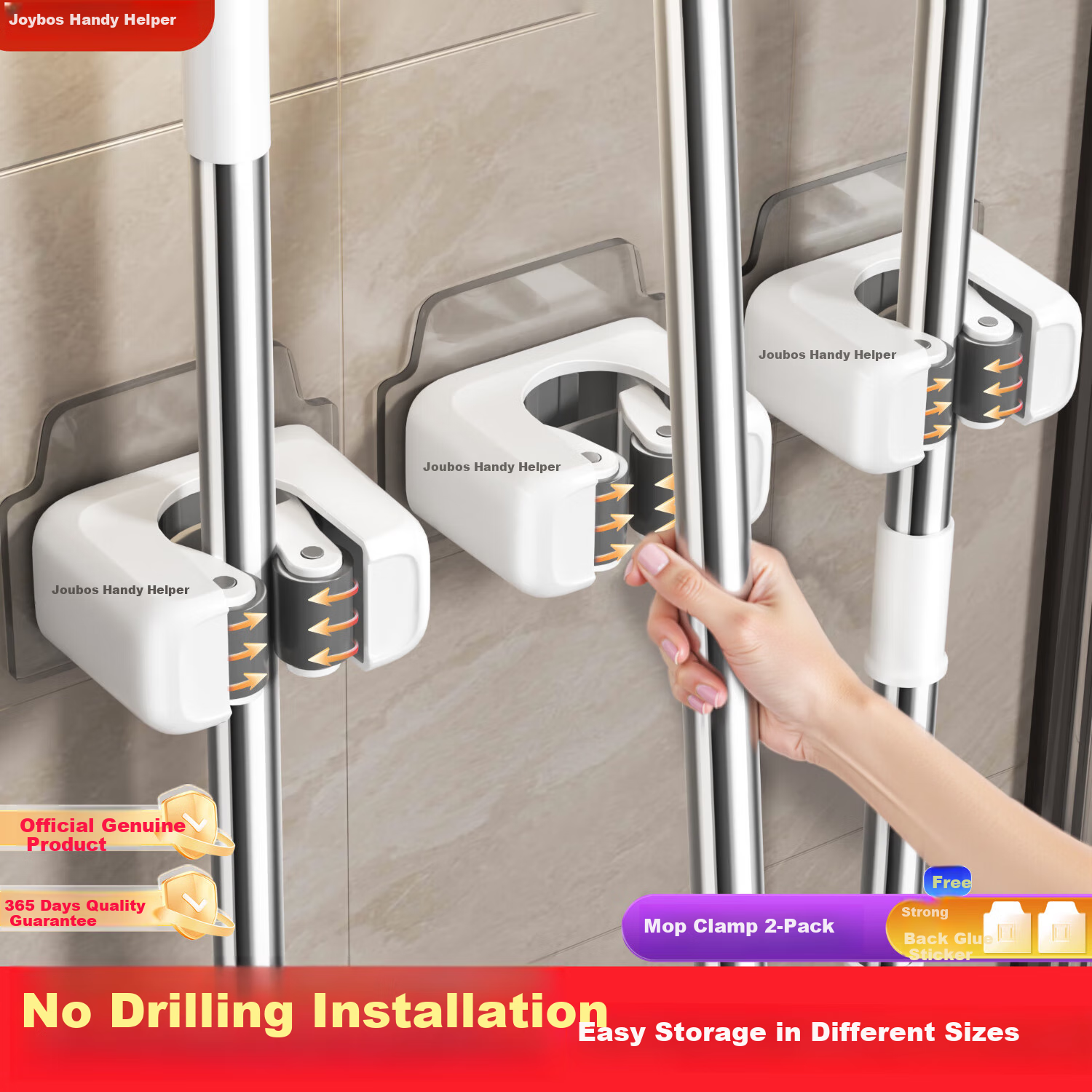 Jiabangshou Wall-Mounted Mop Holder, No Drilling Required, Bathroom Broom Storage Rack, Mop Clip, 2-Pack