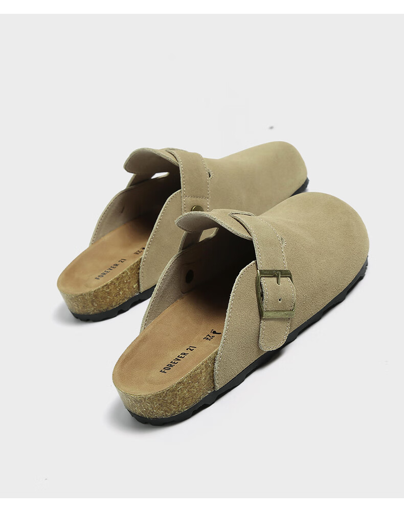 FOREVER21 Women's Leather Slippers Spring Autumn Birkenstock Style Thick Sole Slip-On Half Slippers Khaki Size 36 13
