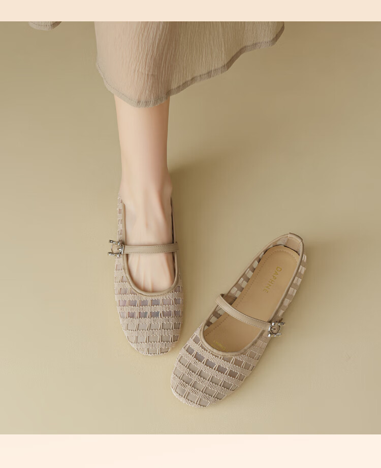 DAPHNE Women's Beige Mesh Breathable Hollow-out Mary Jane Flats 2025 Summer, Size 39 7