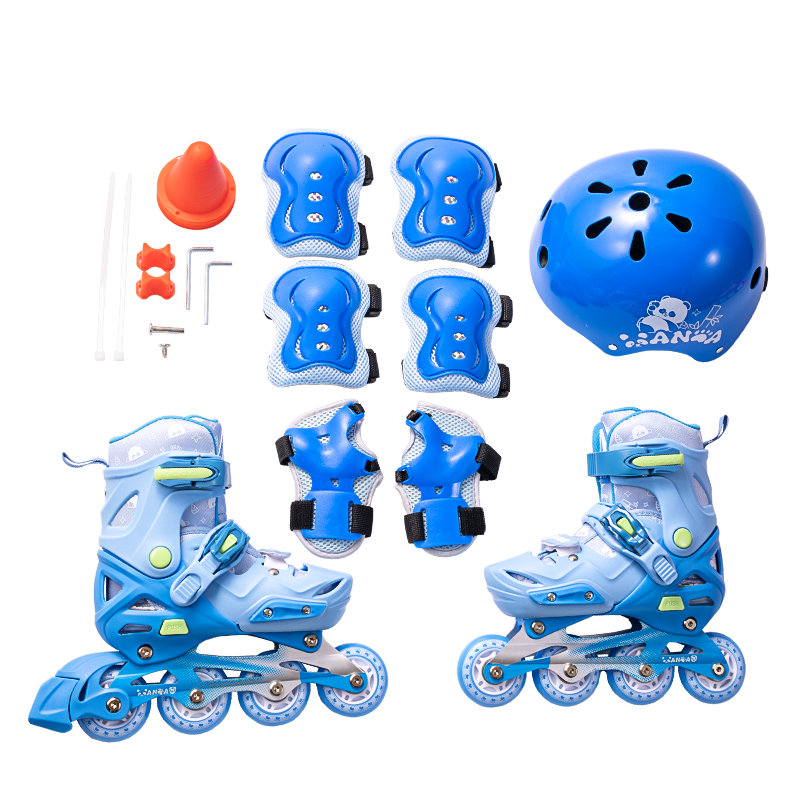 Deli Kids Roller Skates Beginner Boys Girls Inline Adjustable 4-Level Blue Size M with Helmet and Protective Gear
