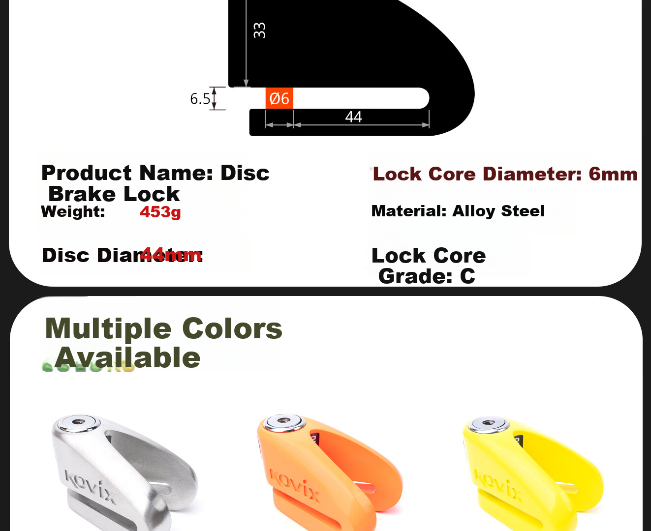 KOVIX KVC1 Motorcycle Disc Brake Lock, Electric Bike Lock, Mountain Bike Anti-Theft Lock, Waterproof C-Grade Lock Core, Scooter Lock 5
