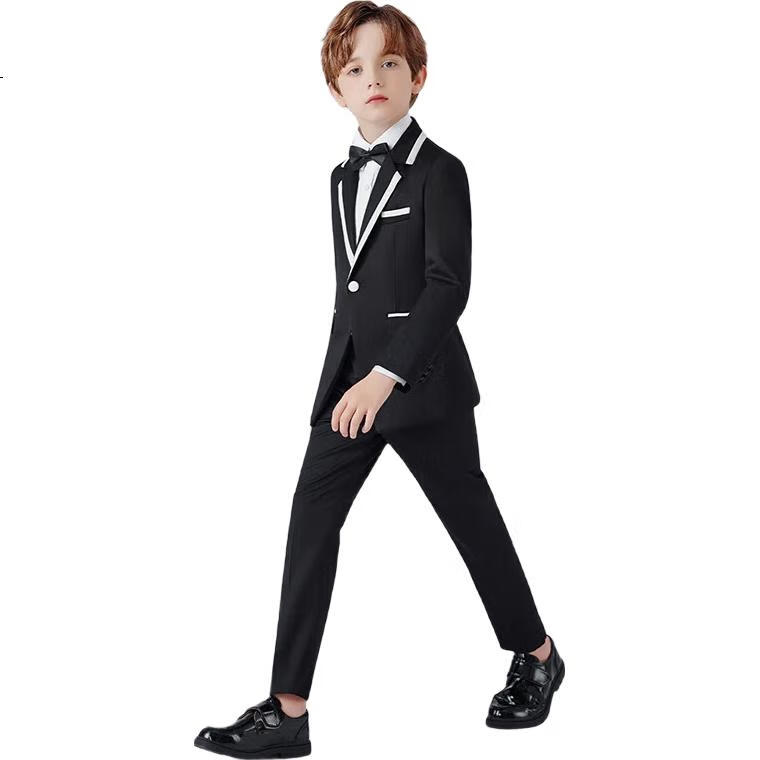 Luomeng Children's Suit Set for Boys, Host Formal Wear, Piano Performance Outfit, Flower Girl Performance Costume, Black And White Trim, Size 110