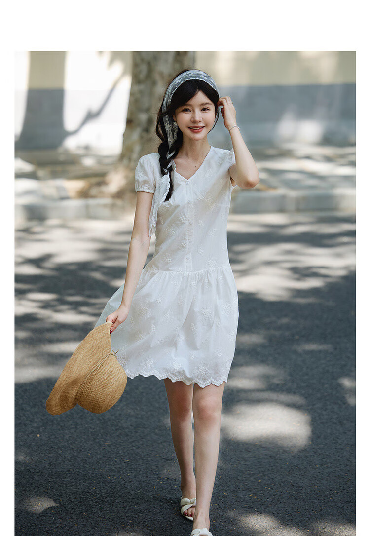 Mt [Pure Cotton Confession] Summer Sweet Fresh V-Neck Embroidered Elegant A-Line High-End Petite White Dress 2
