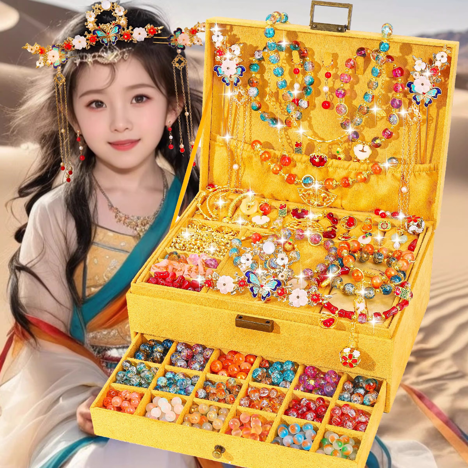 Luoli Girls' Birthday Gift, Vintage Style Beaded Gift Box, DIY Handmade Bracelet for Children Aged 6-12, 7-14 Girls' Jewelry Box with 8 Pieces