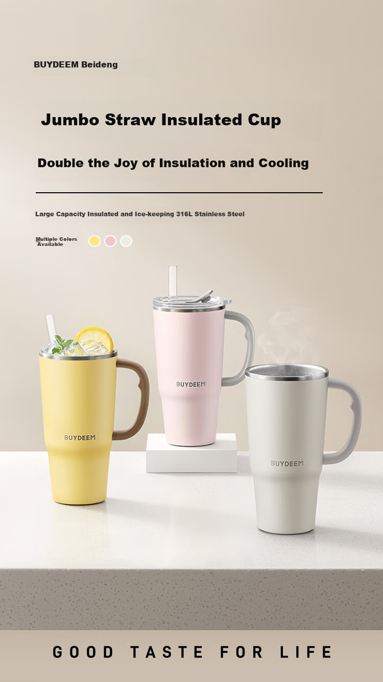 Buydeem Jumbo Straw Cup Large Capacity Ice Tumbler Stainless Steel Insulated Cup for Students and Car Use 1