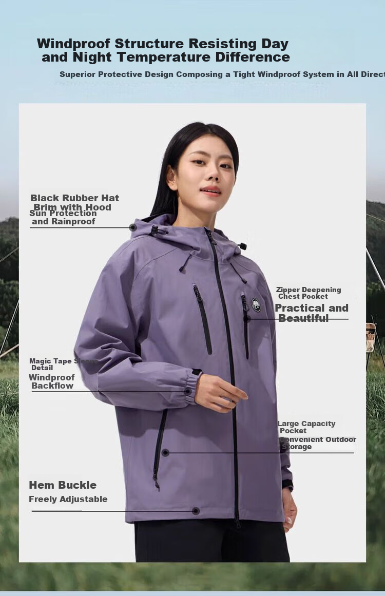 CAMEL Women's Clothing [Panda Series], Single-Layer Unisex Windbreaker, New Spring Style for Men And Women, Waterproof And Windproof Hard Shell Jacket 8