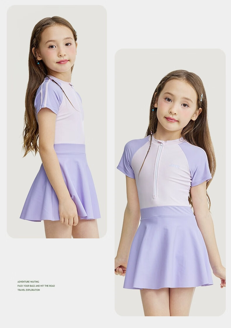 Jeep Children's Swimsuit, One-Piece Dress Style Swimwear for Girls And Teens, Quick-Drying Sun Protection Swimwear, Light Purple, Size 170 3
