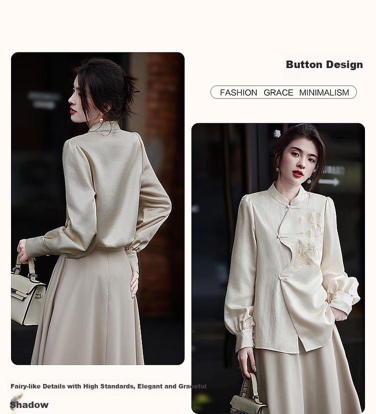 Dme [Gentle Oriental Beauty] Autumn Chinese-Style New Shirt with Stand Collar, Slanted Placket, Frog Buttons And Embroidery, Women's Blouse Top 5