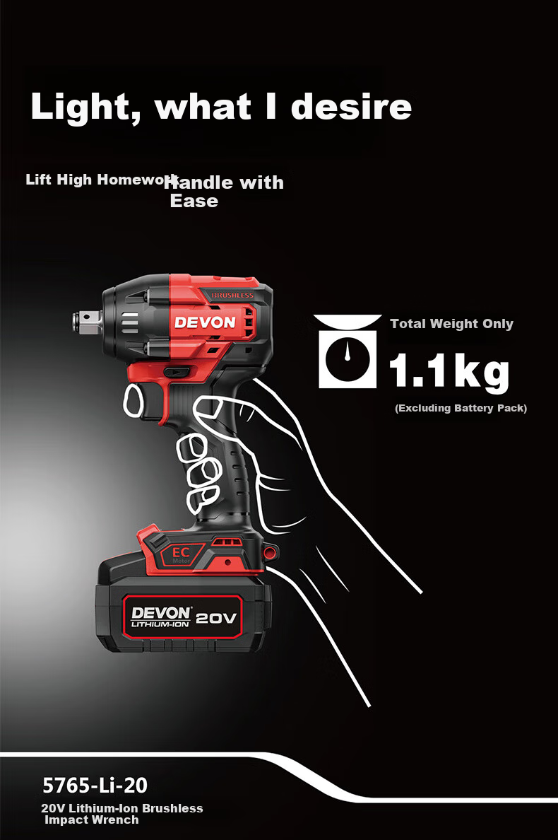 Devon New 20V Lithium-Ion Brushless Electric Wrench, 550N·M High Torque Rechargeable Impact Wrench, 5766 Machine Head 1