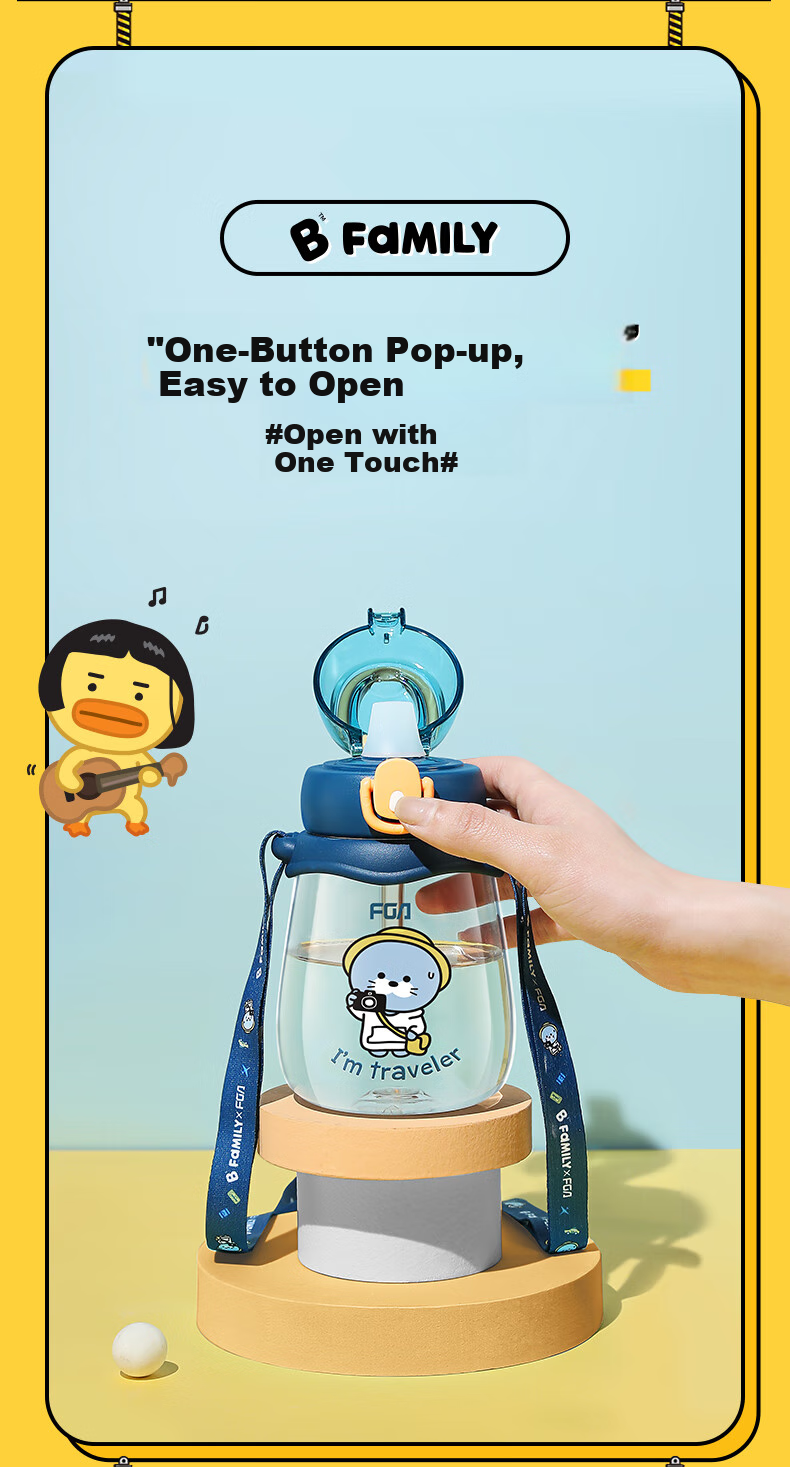 FGA Fuguang Children's Summer Water Bottle with Pop-Up Lid, Straw Cup, Tritan Shatterproof, Portable Handle Strap Water Bottle for Elementary School Students 4
