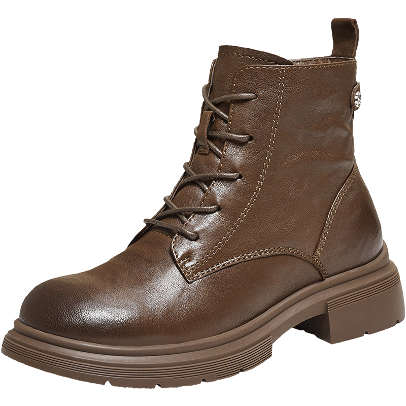 TATA 2025 Winter Fashion Thick-Soled Martin Boots Women's Short Boots Casual Brown (Fleece Lined) Size 38