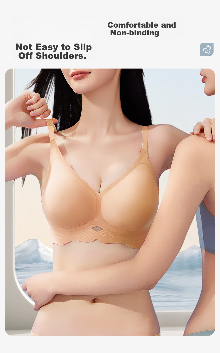 Dushiliren Women's Underwear, Cool Ice Silk Bra, Seamless Wireless Breathable Thin, Form-Fitting Sexy Push-Up Brassiere, Nude Color, Size L 3