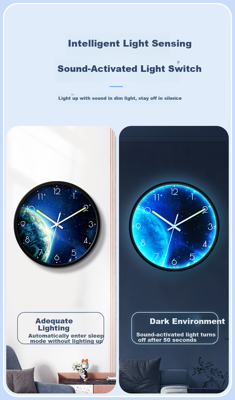 BBA Wall Clock, Creative Night Light, Living Room Wall-Mounted, Home Use Luminous Wall Clock, Bedroom Timepiece, Moon - Ambient Light, 30cm 4