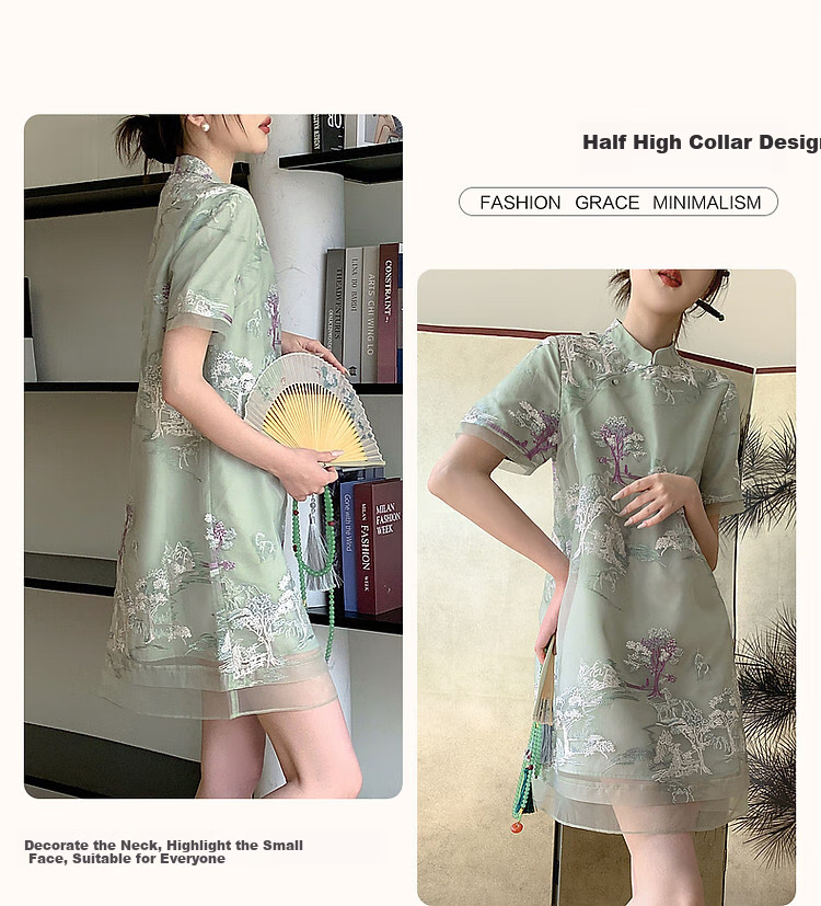 Dme [Banshixi Mingyue] Summer Chinese-Style New Light-Weight Faux Tencel Embroidered Comfortable Concealing Semi-High Collar Dress 5