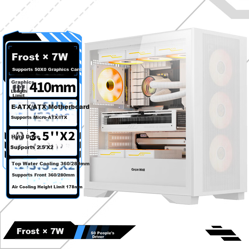 Корпус для компьютера Great Wall Ice Frost X7W Белый (Магнитная панель, поддержка материнских плат ATX, E-ATX, M-ATX, поддержка водяного охлаждения 360 мм, 9 вентиляторов, 5090)