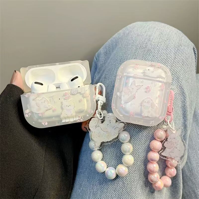 Beiyipin Cute Cartoon Rabbit Cat Apple Earphone Case Compatible with AirPods 1/2 Protective Cover for AirPods 1