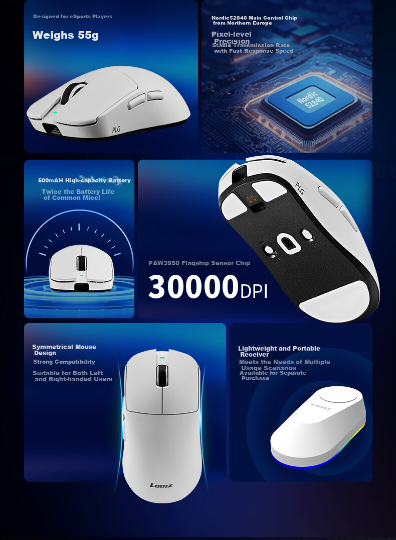 Leimoren Lomz-PLG P Gaming Mouse, CSGO Dedicated Dual-Mode Optical-Mechanical PAW3950 Flagship Sensor Chip, Portable Wireless 8K Rechargeable Anti-Slip Wired Jade Kyli 2