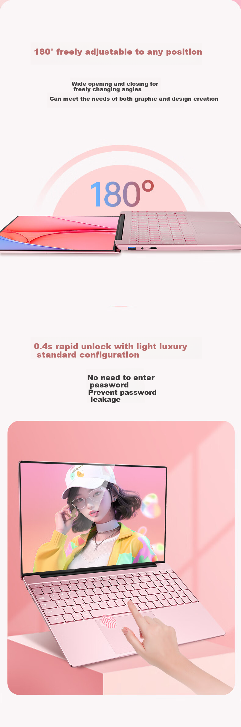 AIERXUAN 2026 New 15.6-Inch Business Office Student Online Class Laptop, Goddess Pink, 16GB Large Memory + 512GB Large Capacity 7
