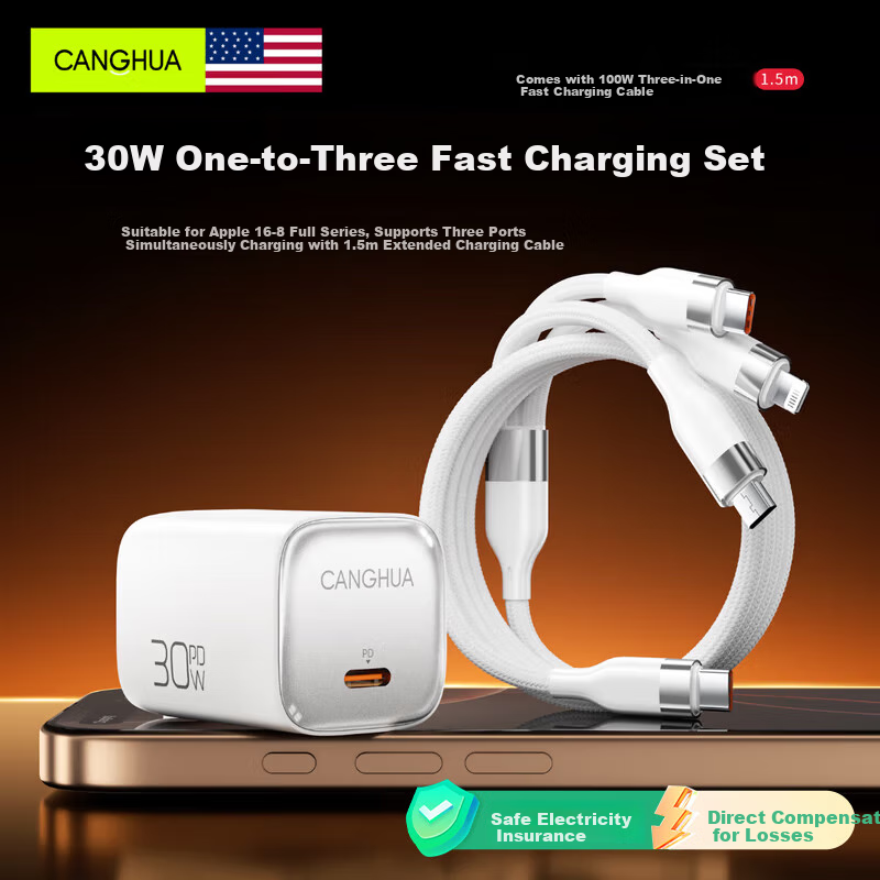CangHua Multi-Functional Charger Three-In Charging Cable Set, PD30W GaN Charging Head + Three-In Data Cable, Suitable for Apple IPhone 18/17 And Huawei Xiaomi Phones