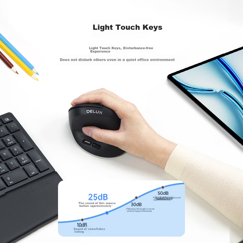 Delux M618AIR GX Lightweight Ergonomic Wireless Vertical Mouse for Office, Quiet Mouse Compatible with Computers And Laptops, Ultra-Long Standby Time, Black