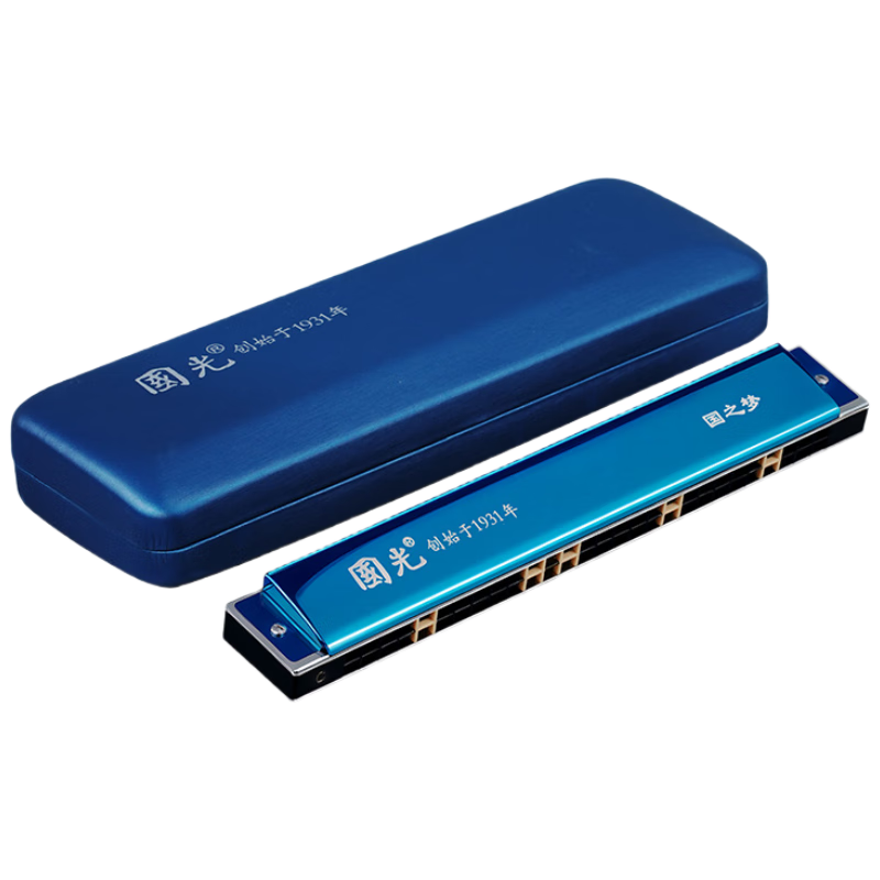Guoguang 28-Hole National Dream Imported Harmonica, Competition-Grade Polyphonic C Key Harmonica (Sapphire Blue/With Instruction Manual)