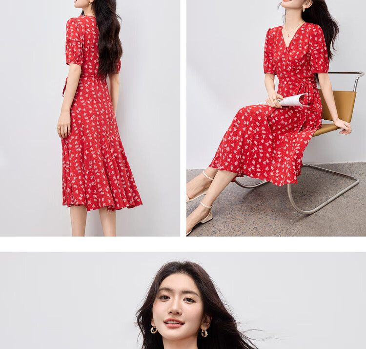 Sentubila Elegant Vacation Style V-Neck Dress for Women Summer Lantern Sleeve High Waist Floral Mermaid Slimming Mid-Length Dress 17