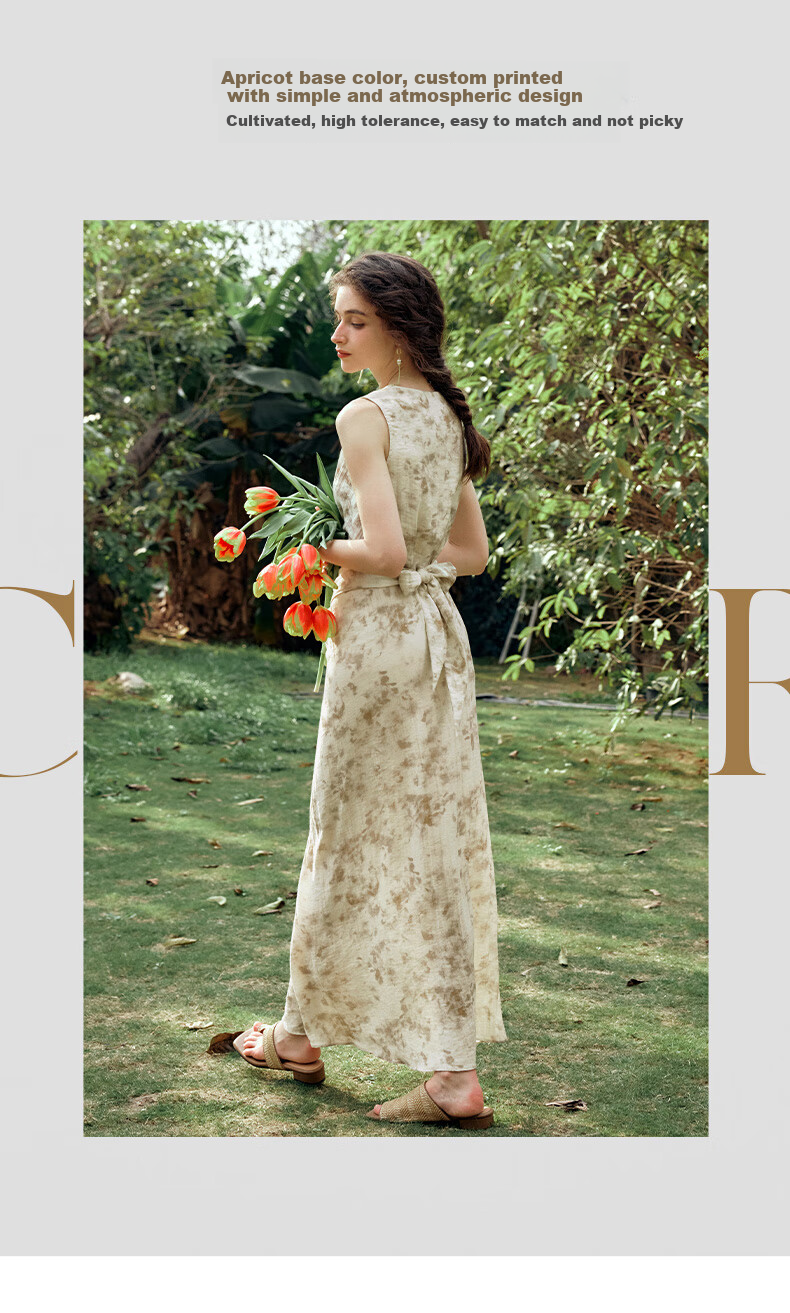 Olrain French Style Apricot Dress Women Summer Waist Slim Floral Mid-Length Dress Apricot L 8