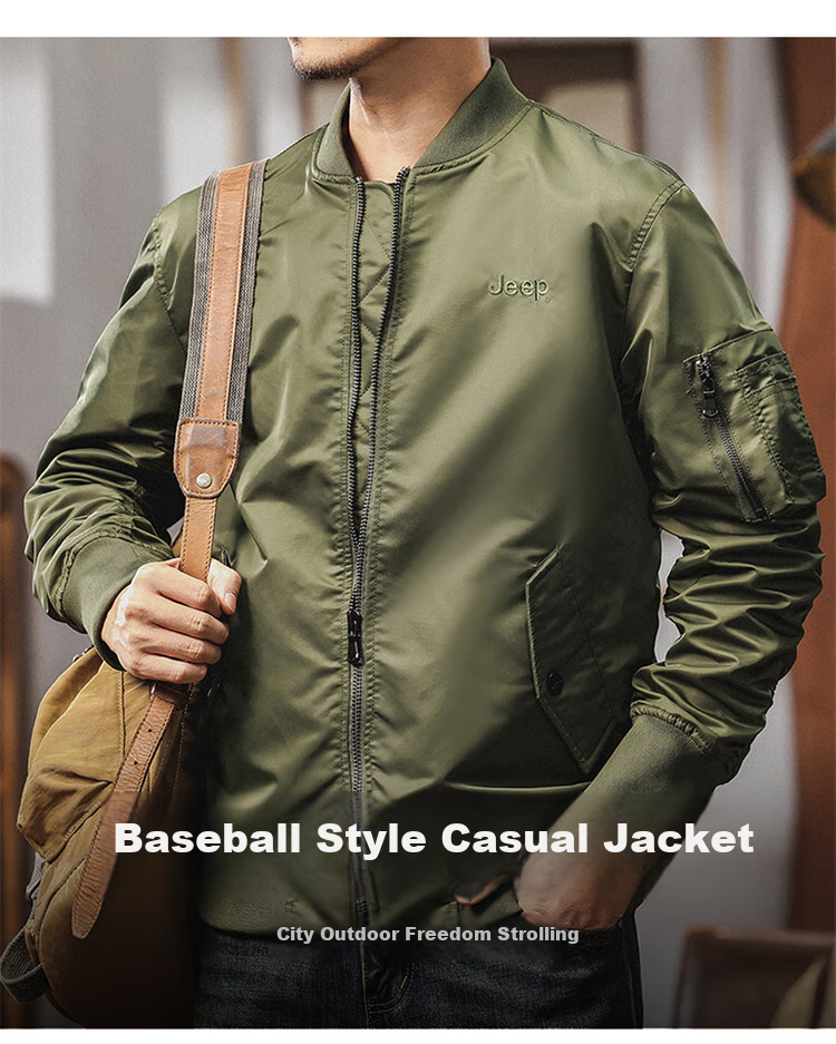JEEP Men's Jacket, Pilot Style Windbreaker, Spring And Autumn Workwear Baseball Collar Outerwear, Black, XL 1