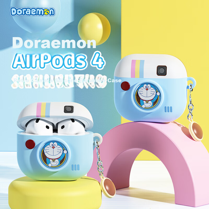 Чехол для наушников ROCK Doraemon для Apple AirPods 4, силиконовый, защитный, противоударный, с принтом "Ретро камера"