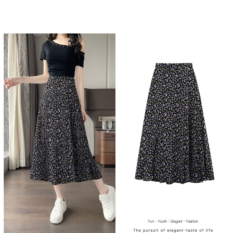 Awakening Paradise 2026 Summer New Slimming A-Line Mid-Length Skirt White Base Black Floral One Size 26