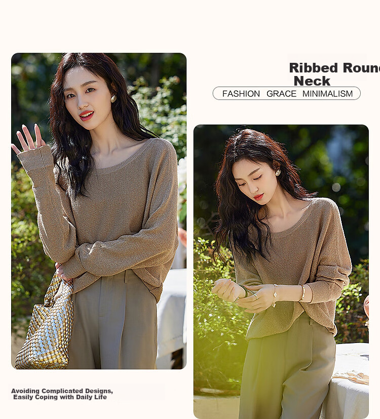 Dme [Jinsimian Sha] Spring And Autumn Lightweight Mature Retro Style Ribbed Round Neck Sweater, Batwing Sleeve, Concealing Knit Sweater, Women's Top 5