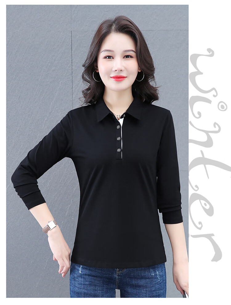 Woodpecker Women's Long Sleeve Cotton Polo Shirt, Spring Autumn New, Middle-aged Plus Size Casual Top, Gray, L 10