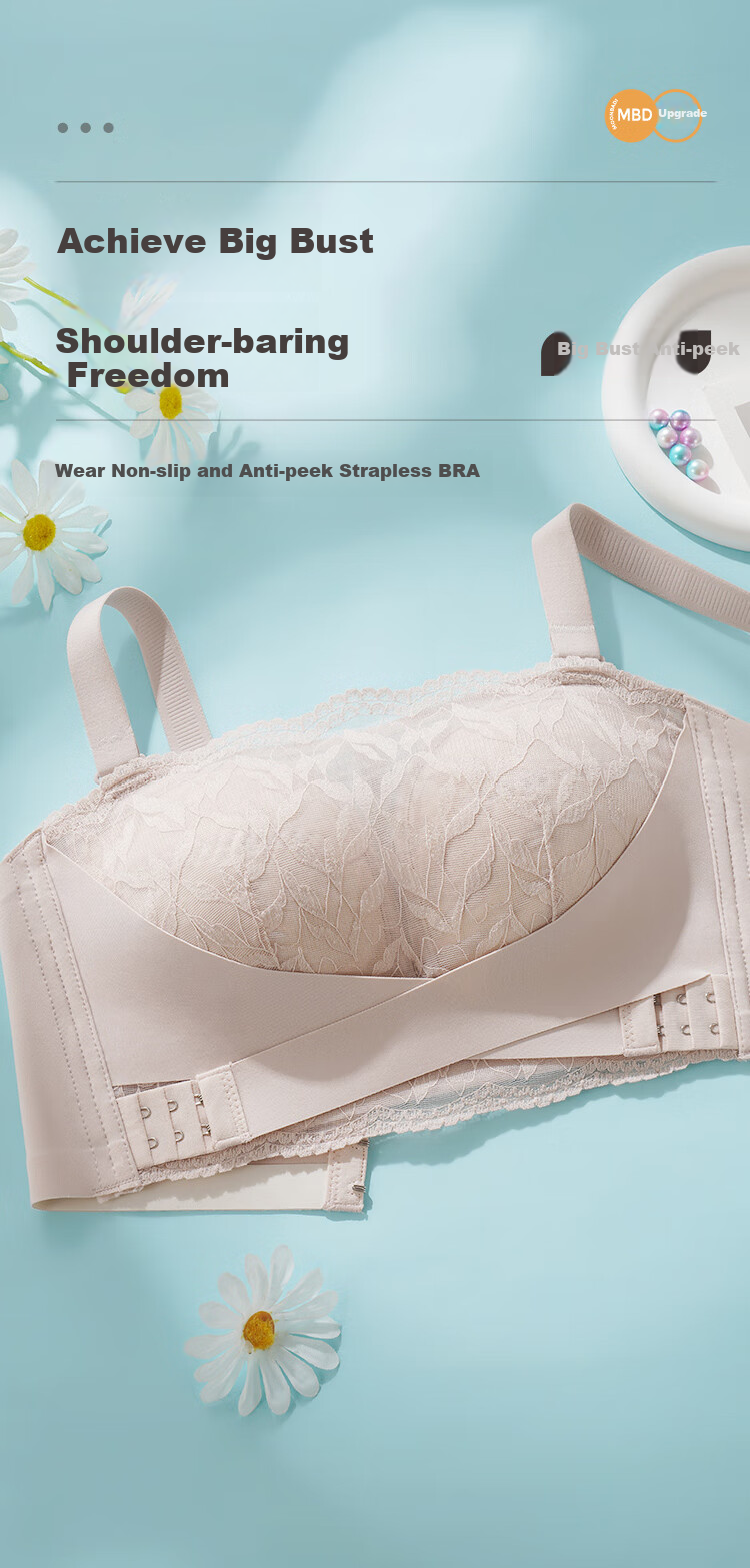 Moonbadi Women's Bra, Minimizing for Large Breasts, Strapless Bandeau, Non-Slip, Wireless, Lace, Push-Up, Side Support Bra 1