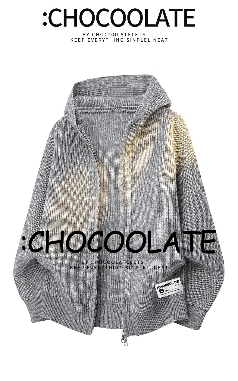 :CHOCOOLATE IT Hooded Knit Cardigan Men's Autumn New American Streetwear Casual Jacket Black Gray M 2