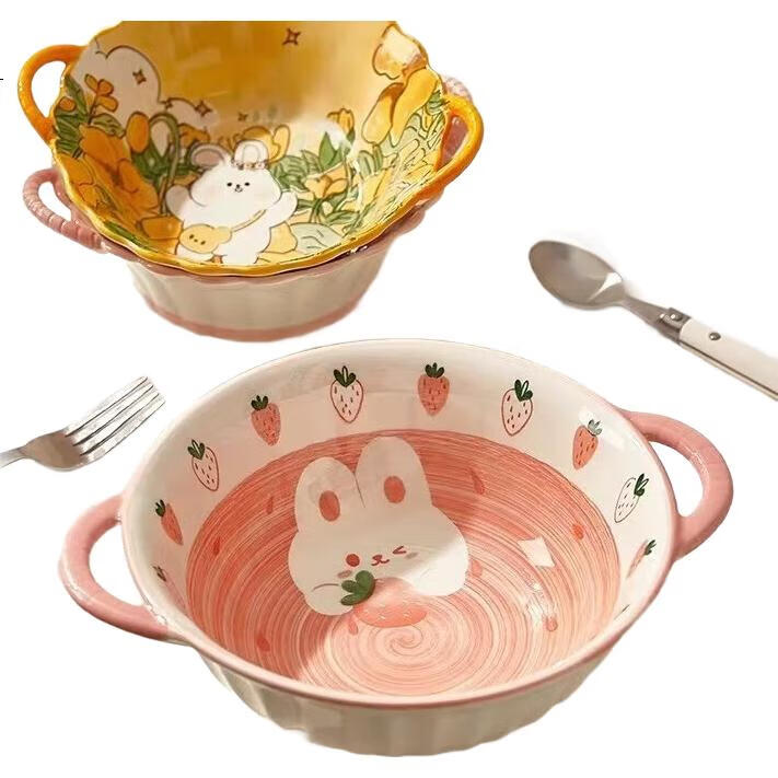 Керамическая суповая тарелка с двумя ручками и ложкой CERAMICS, мультяшная, для дома, для лапши, клубничный кролик, 9.5 дюйма