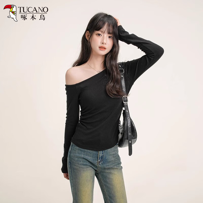 Woodpecker Women's Slant Shoulder Long Sleeve T-Shirt Autumn New Trendy Casual Slim Fit Base Shirt Top Black S
