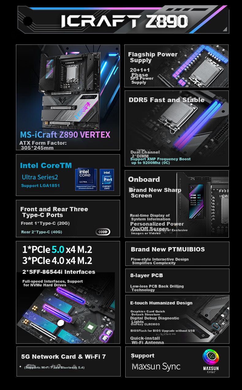 MAXSUN MS-I Craft Z890 Vertex Gaming Motherboard, Supports DDR5 CPU 270K/265KF/250K (Intel Z890/LGA 1851) 2
